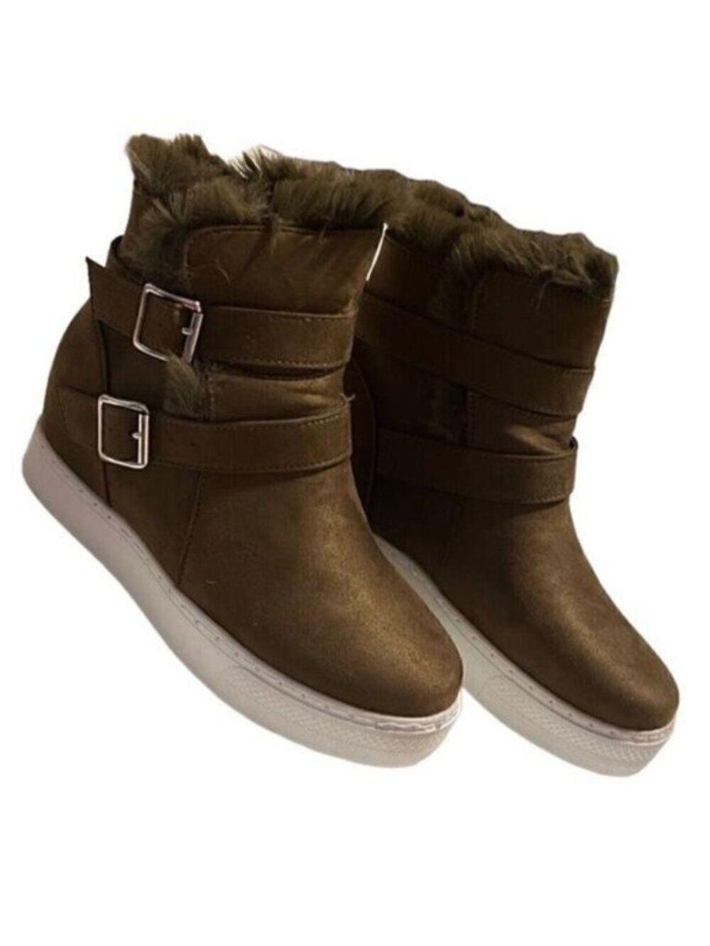 Journee Angelique Olive Faux Fur Slip On Comfort Foam Ankle Boots Size 7 NIB